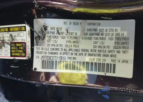 2007 Mazda Cx-9 Grand Touring from USA, damaged, VIN JM3TB38C870119519